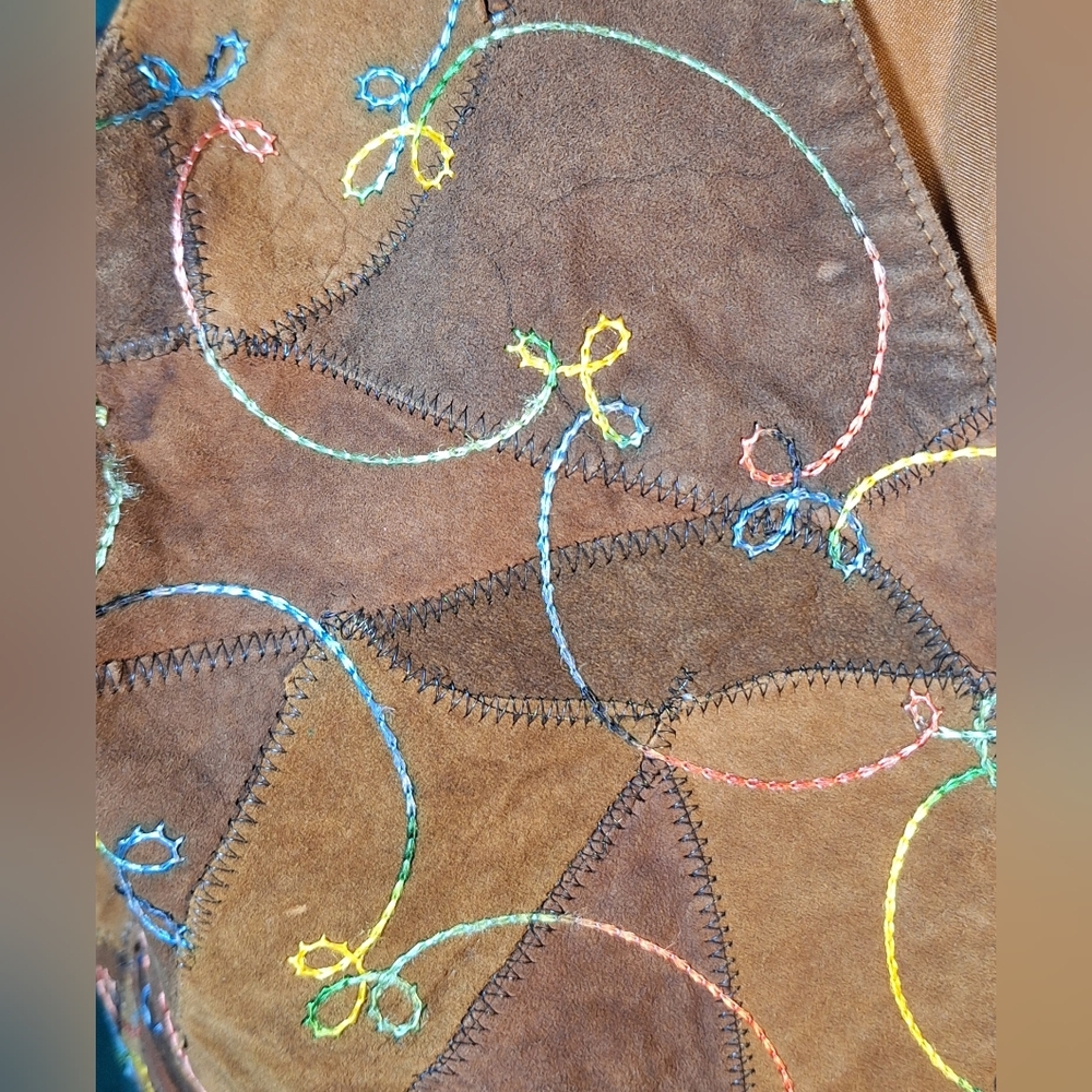 AMERICAN FLIRT Brown Suede Patchwork Vest with Multicolor Embroidered Accents - Picture 5 of 6